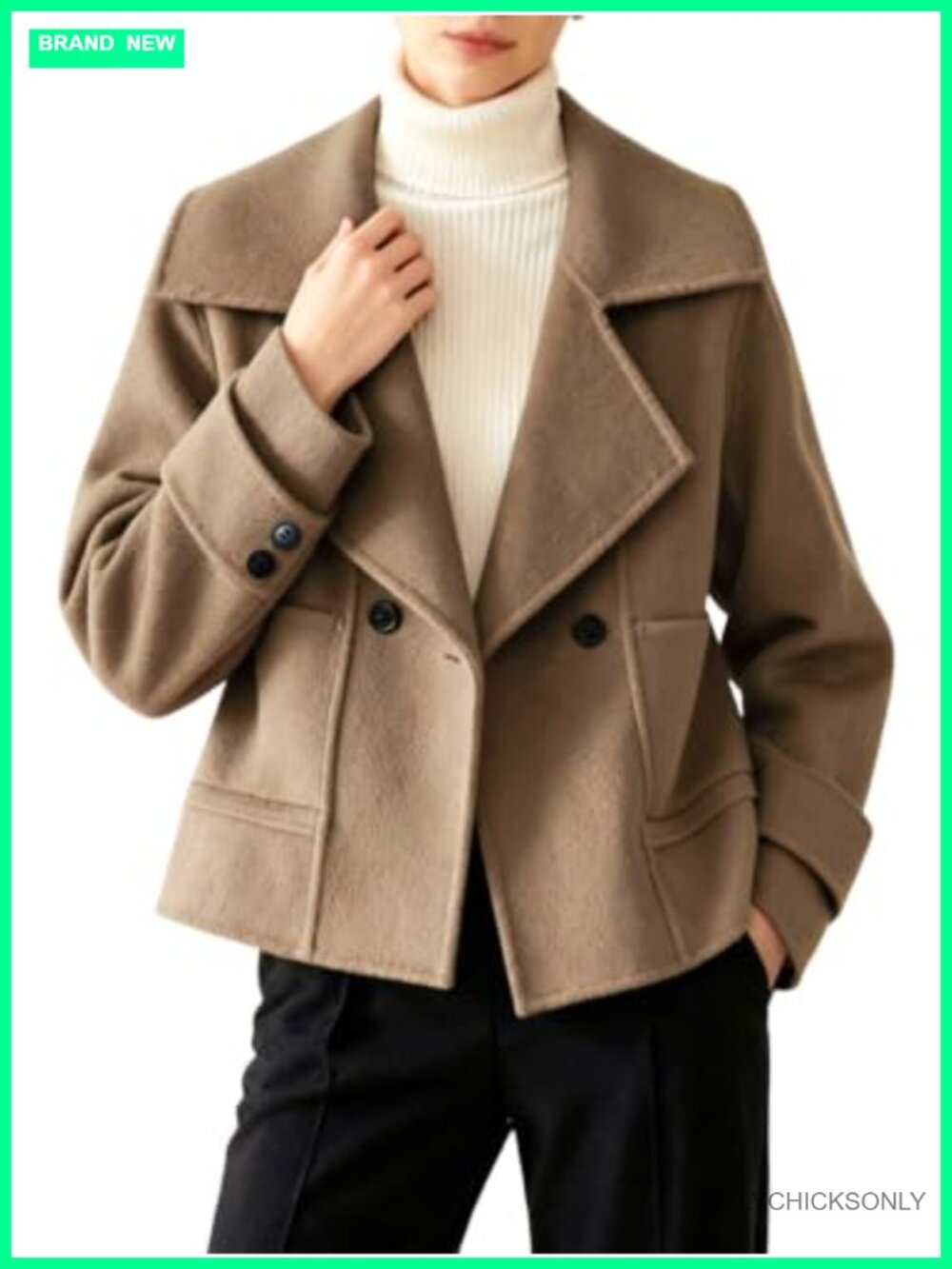 Cropped Wool Pea Coat Notched Lapel Short Double Breasted with Pockets